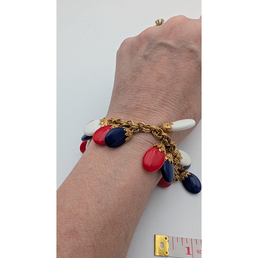 Vintage Red White Blue Filigree Cap Teardrop Charm Bracelet Gold Tone 8 Inch